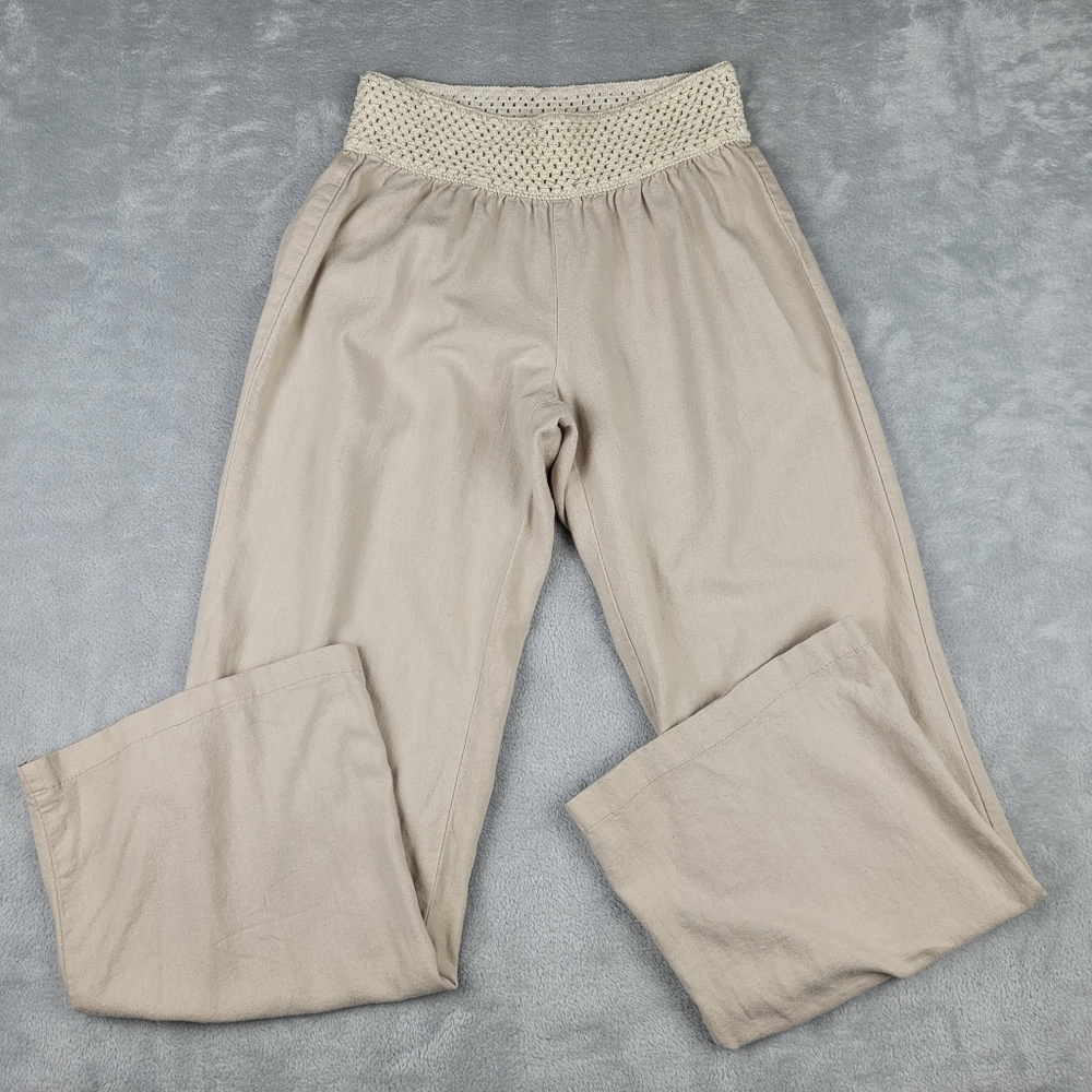 Kiss & Cry Linen Blend Pants Beige Crochet Elastic Waist Size L Large